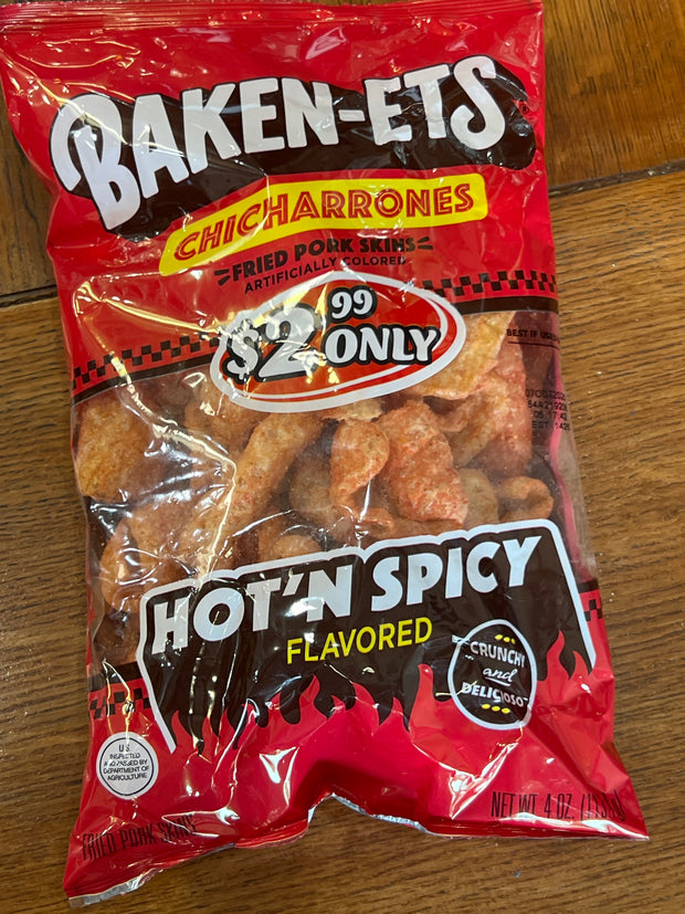 Baken-Ets Chicharrones Fried Pork Skins Hot'N Spicy Flavored 4 Oz